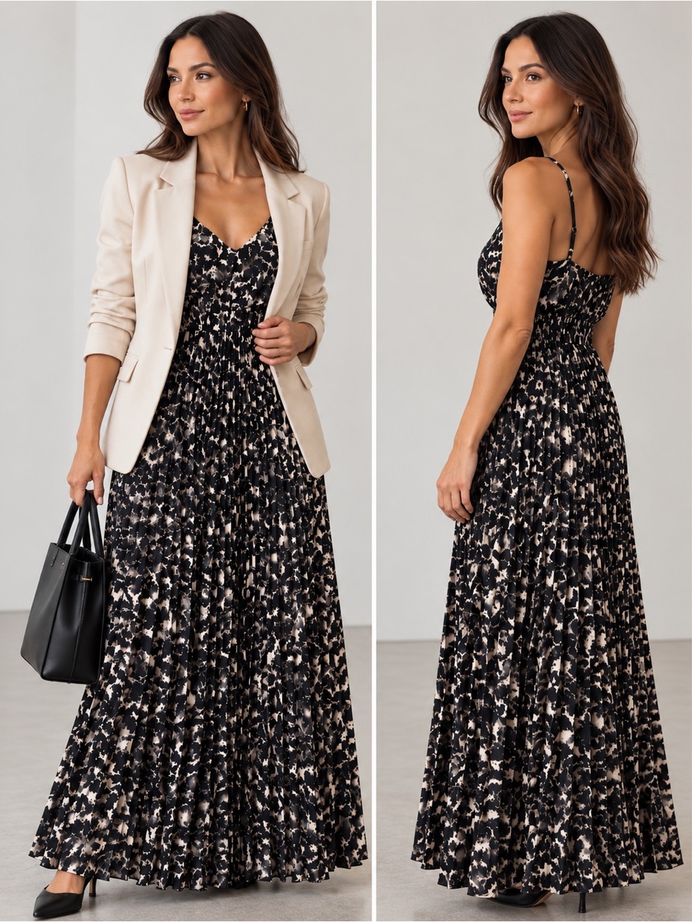 💎 Rachel Zoe Pleated Abstract Print Maxi Dress Black Cream L